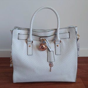 Michael Kors White Genuine Leather Snake Print Hamilton Handbag Tote